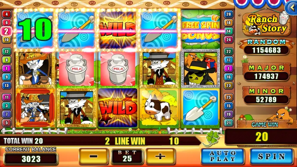 Ranch Story win of 10 on line 2: trowels and a WILD across the top row, with the sheriff wolf, milk cans, a cow and a toad below, TOTAL WIN 20 and GAME WIN 20