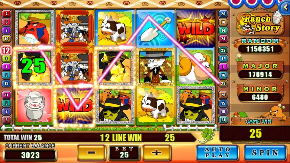 Ranch Story line 12 winning 25: toads on reels 1 and 3 joined by a WILD on reel 2, drawn as a V across the reels, with the cow, a sheep and a WILD on reel 5