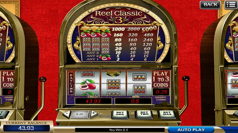 Reel Classic 3 paying 0.5 for a single cherry on reel 1 of the payline, with double and single BARs on reels 2 and 3 and 'You Win:0.5' at the bottom