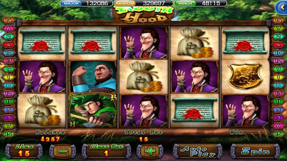 Robin Hood reels on parchment tiles: the sheriff in purple waving on several reels, sealed scrolls, money bags, a gold lion shield, a strongman and Robin drawing a bow, LINE 15, LINES BET 1, TOTAL BET 15