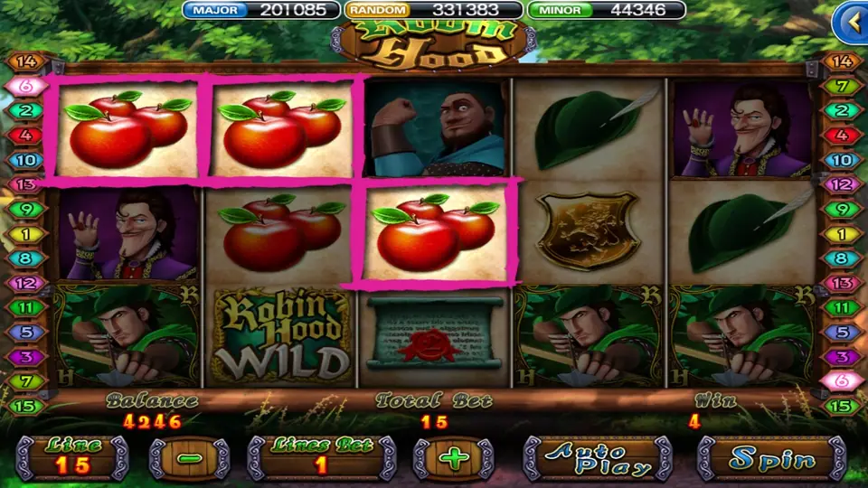 Three apple symbols outlined in pink on reels 1 to 3 paying 4 credits, with a Robin Hood WILD on reel 2, feathered caps on reels 4 and 5 and Robin archers on the bottom row