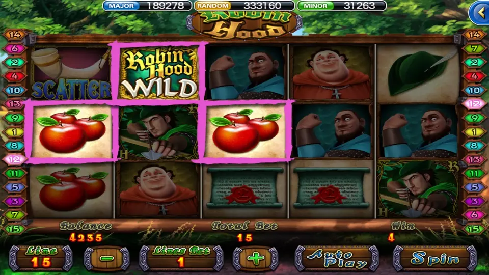 Robin Hood reels with the hunting horn SCATTER top left, a Robin Hood WILD on reel 2 joining two apple symbols on line 12, the friar on reels 2 and 4 and a strongman on reels 3 to 5