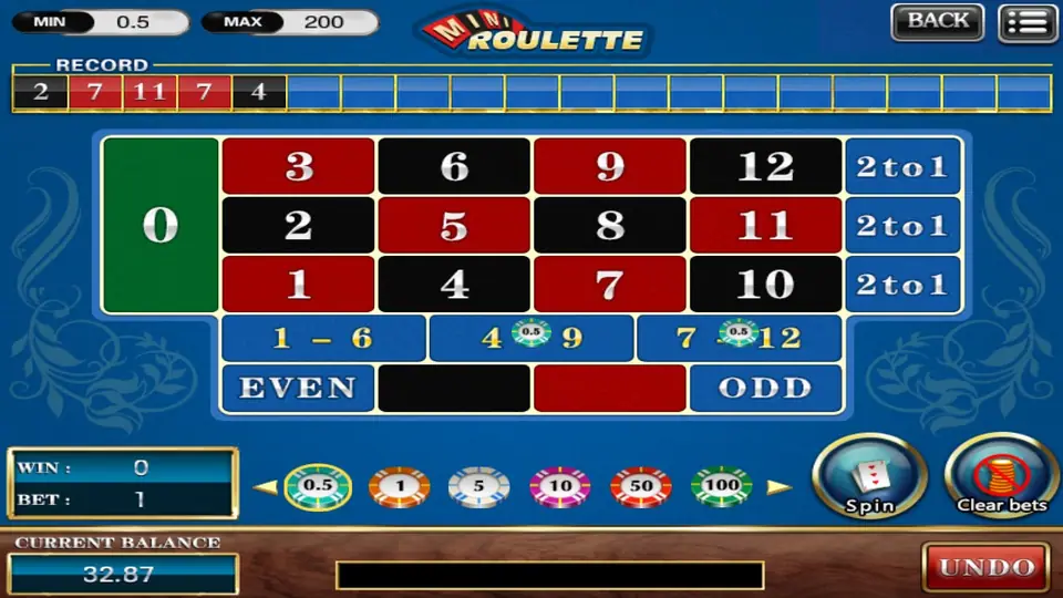 Mini Roulette table: green 0, numbers 1 to 12 in three rows of red and black, 2to1 columns, bets 1-6, 4-9 and 7-12 with 0.5 chips on 4-9 and 7-12, EVEN, black, red and ODD, MIN 0.5 and MAX 200