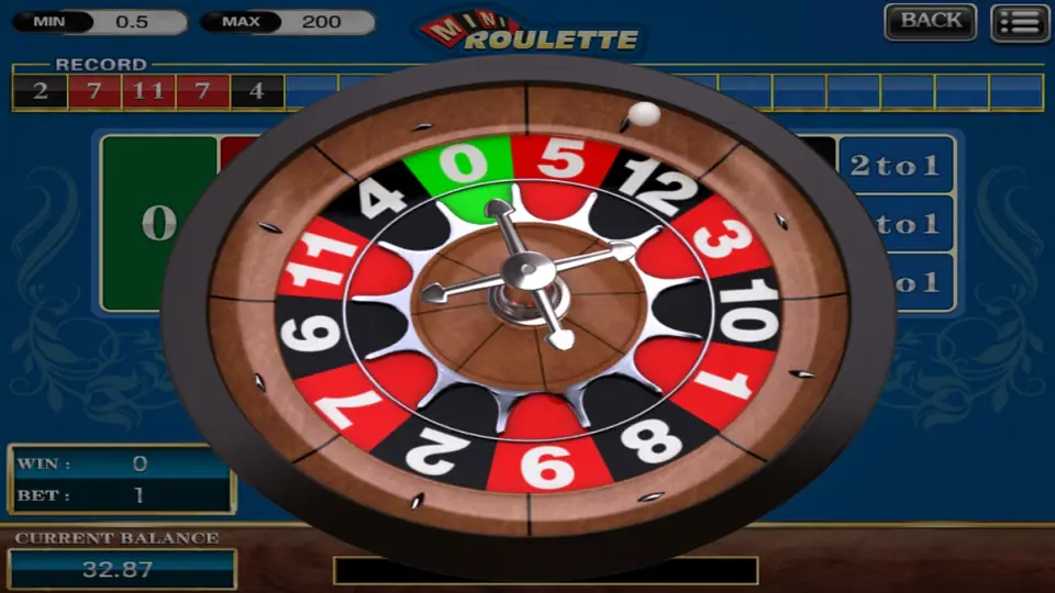 Mini Roulette wheel with thirteen pockets, a green 0 between 4 and 5, red and black numbers to 12, and the ball near the top, over a table with MIN 0.5 and MAX 200