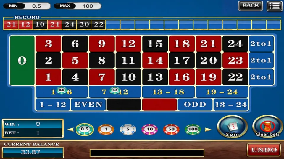 Roulette 24 table: a green 0, numbers 1 to 24 in three rows, 2to1 columns, 0.5 chips on 1-6 and 7-12, then 13-18, 19-24, 1-12, EVEN, black, red, ODD and 13-24, with BET 1