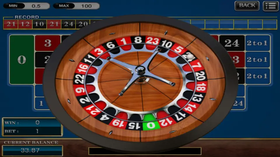 Roulette 24 wheel in a wooden bowl with one green 0 and red and black pockets up to 24, the ball near 7, over a table with MIN 0.5, MAX 100 and a RECORD strip starting 21, 12, 10