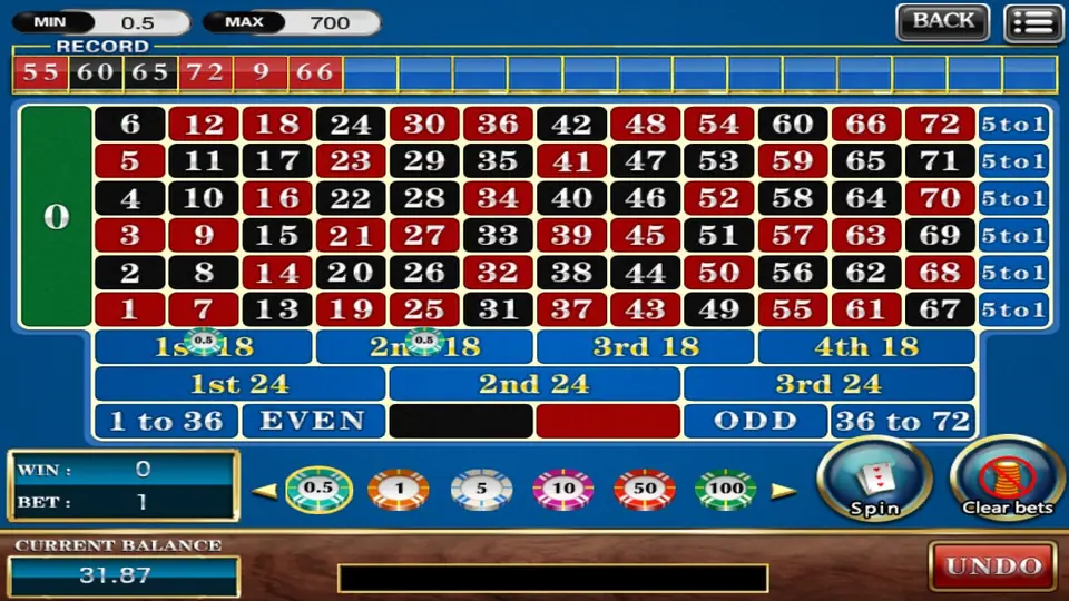 Roulette 73 table: a green 0, numbers 1 to 72 in six rows with 5to1 bets on the right, 1st to 4th 18, 1st to 3rd 24, 1 to 36, EVEN, black, red, ODD and 36 to 72, with 0.5 chips on 1st 18 and 2nd 18