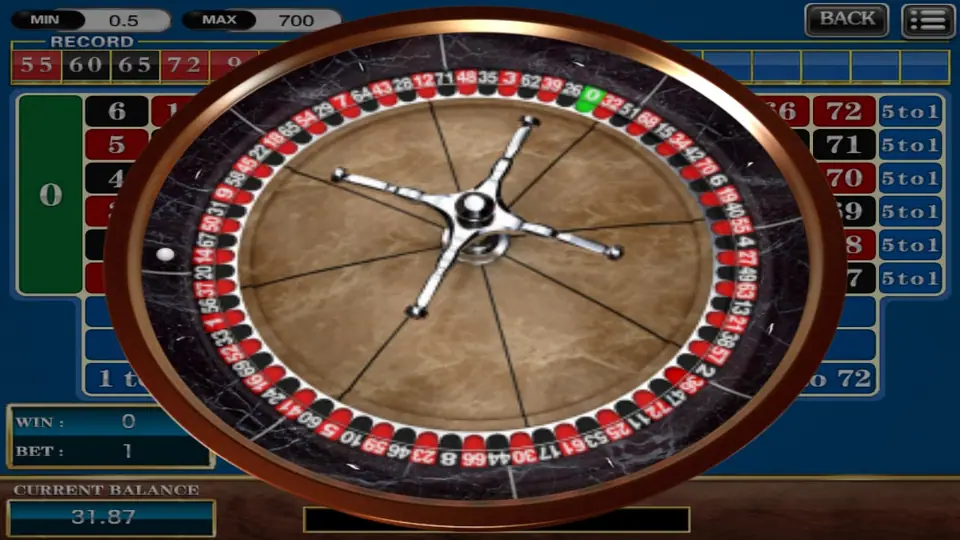 Roulette 73 wheel with a dark marble rim, 73 narrow red and black pockets with one green 0, and the ball on the left, over a table with MIN 0.5 and MAX 700