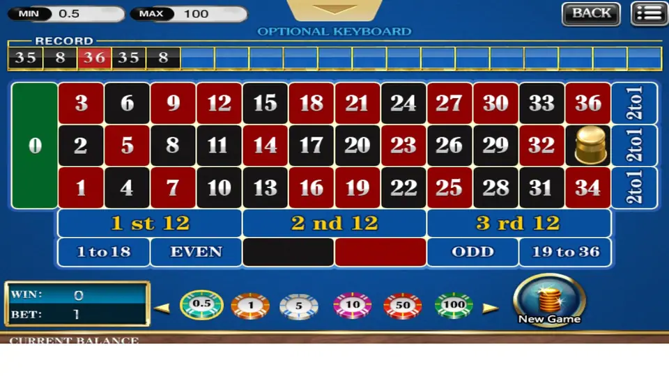 Result on 35: a gold marker on 35 in the third dozen, the RECORD strip now starting 35, 8, 36, 35, 8, WIN 0, BET 1 and a New Game button