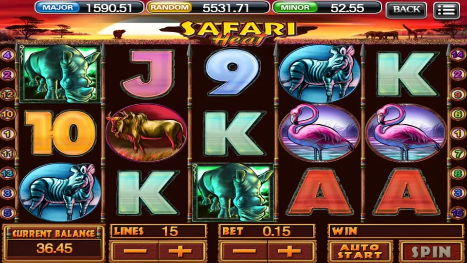 Safari Heat reels under a sunset with elephants and giraffes on the horizon: rhinos on reels 1 and 3, zebras, a wildebeest, two flamingos and pastel card letters, LINES 15, BET 0.15, CURRENT BALANCE 36.45