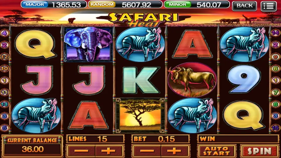 Safari Heat with an elephant on reel 2, zebras on reels 1, 3, 4 and 5, a wildebeest on reel 4 and the acacia tree tile on reel 3