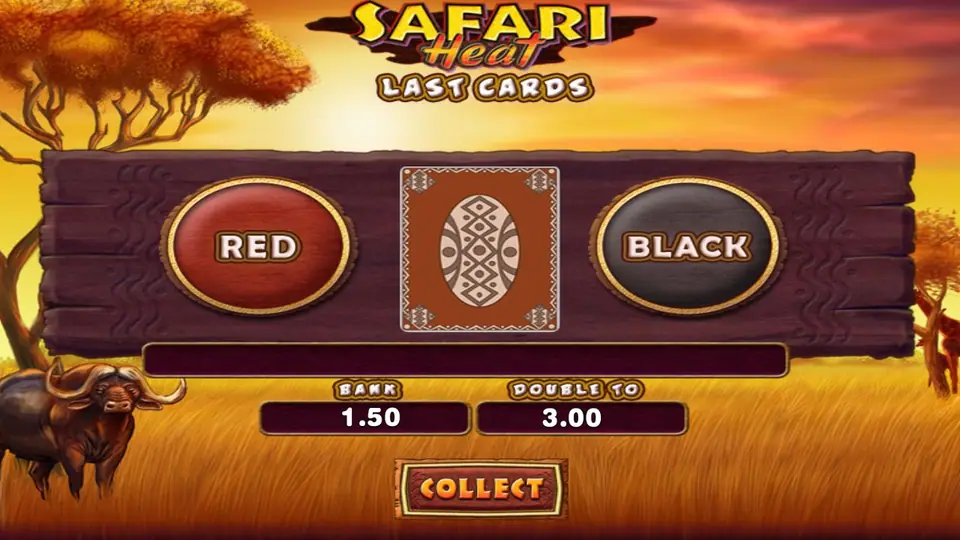 Safari Heat Last Cards gamble: a patterned face-down card between Red and Black buttons, BANK 1.50, DOUBLE TO 3.00 and a COLLECT button, with a buffalo in the grass