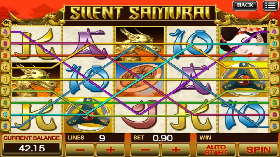 Silent Samurai reels with all nine paylines drawn in colour: gold dragon heads, a geisha on reel 5, shuriken on gold, a bronze coin and brush-style 10, J, K and A, LINES 9 and BET 0.90