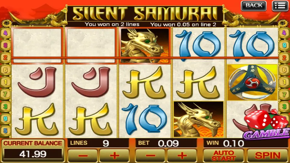Silent Samurai winning 0.10 on 2 lines with 0.05 on line 2: two blank tiles and a gold dragon on the top row, blue 10s, red Js and gold Ks below, and a GAMBLE button bottom right