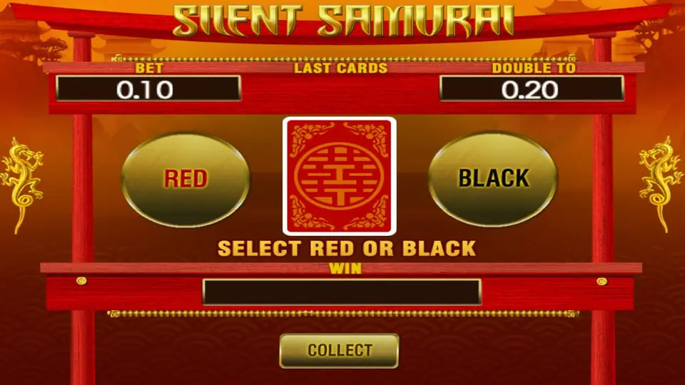 Silent Samurai Last Cards gamble under a red torii gate: RED and BLACK buttons around a red double-happiness card, BET 0.10, DOUBLE TO 0.20, SELECT RED OR BLACK and COLLECT