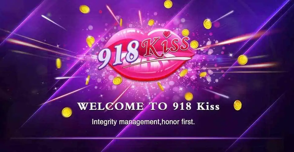 918Kiss splash screen with the pink lips logo on purple, gold coins flying out, WELCOME TO 918 Kiss and 'Integrity management, honor first.'