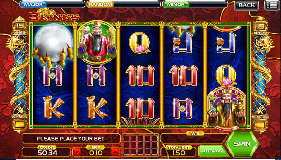 3 Kings reels with a white pearl in a gold dragon claw on reel 1, the god holding a child on reel 2, card letters on blue and a bearded god in gold robes on reel 5, BET 0.10 and TOTAL BET 1.50
