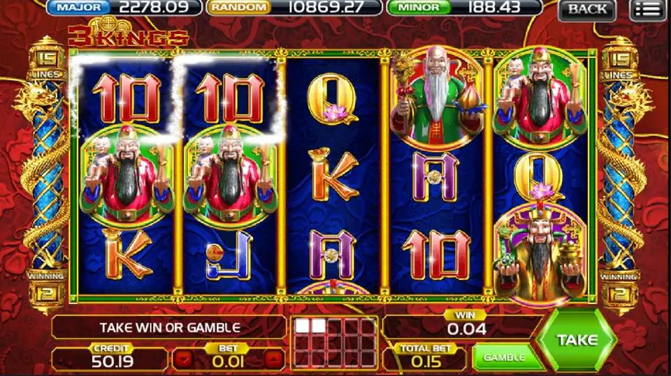 3 Kings after a small win: two 10s outlined on reels 1 and 2, the child-holding god below them, TAKE WIN OR GAMBLE in the message strip and WIN 0.04