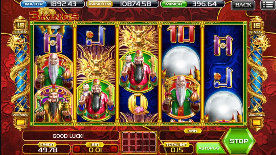 3 Kings mid-spin with a golden dragon head under the pearl on reel 3, two gods on reel 1 and a second pearl on reel 4, TOTAL BET 0.15