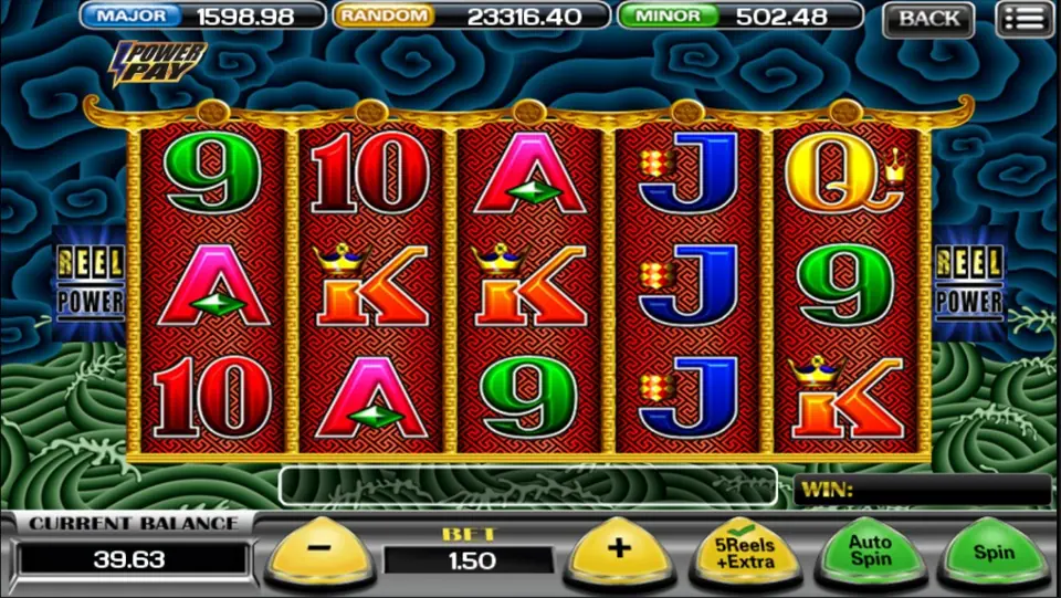5 Dragons with the Power Pay logo top left, 5Reels+Extra ticked green and BET 1.50, card symbols on red reels