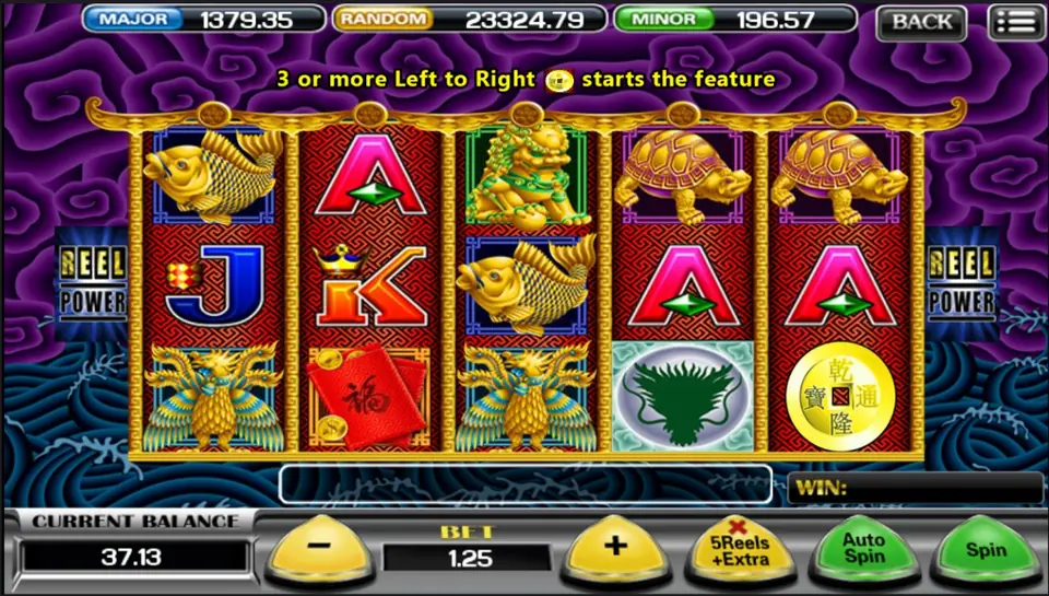 5 Dragons with a gold koi, a lion statue and gold turtles on red reels, the message '3 or more Left to Right coin starts the feature' above, CURRENT BALANCE 37.13 and BET 1.25