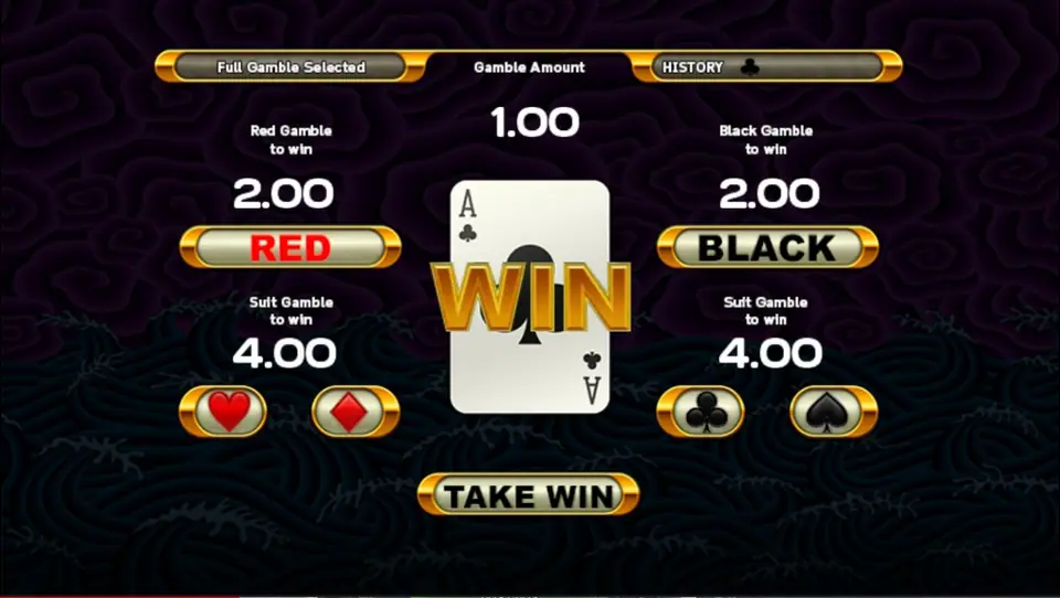 The gamble screen: Gamble Amount 1.00, RED or BLACK to win 2.00, suit buttons to win 4.00, an ace of clubs with WIN across it and TAKE WIN below