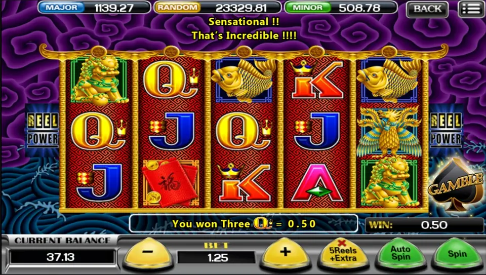 A 0.50 win on three Qs with the black spade GAMBLE button bottom right and BET 1.25