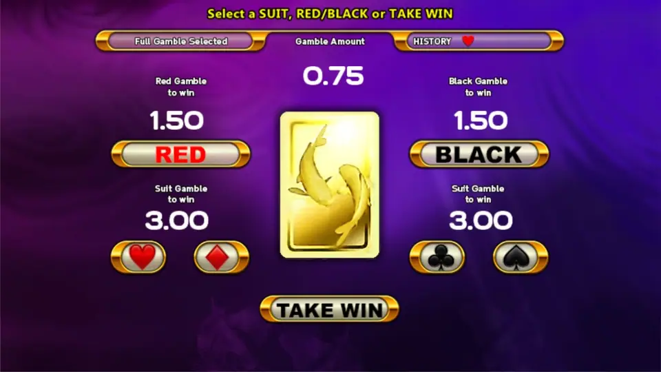 Gamble screen asking to select a suit, red or black, or take win: Gamble Amount 0.75, RED or BLACK to win 1.50, suits to win 3.00
