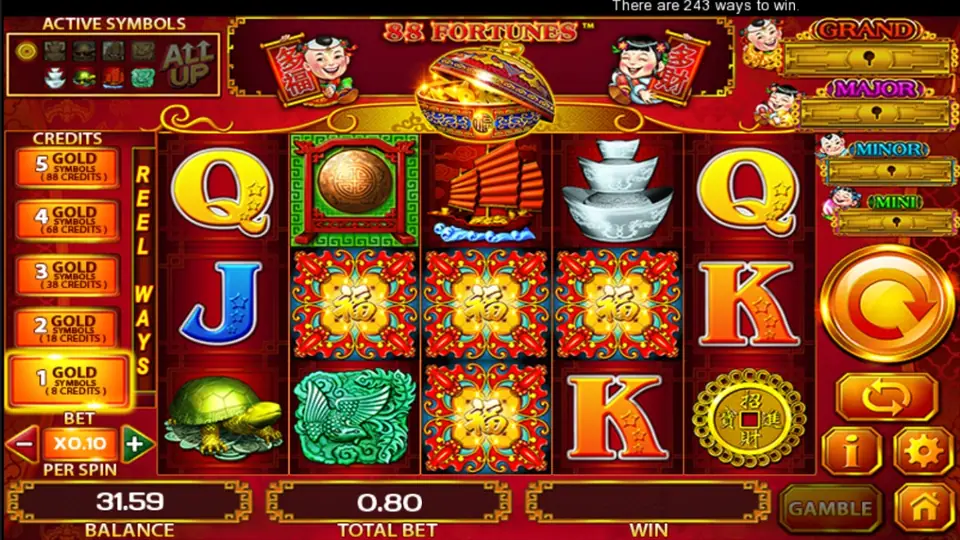 88 Fortunes with a lidded gold bowl at the top, GRAND, MAJOR, MINOR and MINI lock bars on the right, three red 福 tiles across the middle row, a jade phoenix and a gold turtle, 1 GOLD SYMBOL selected and TOTAL BET 0.80