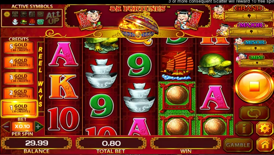 88 Fortunes mid-spin with the ticker '3 or more consequent Scatter will reward 10 free spin', silver ingots on reels 2 and 3, a junk ship and bronze gongs on reel 4, BALANCE 29.99