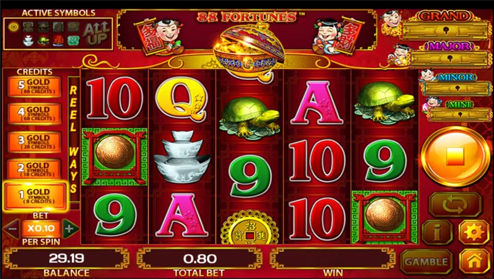 88 Fortunes mid-spin with a gold coin scatter at the bottom of reel 3, bronze gongs on reels 1 and 5, a silver ingot on reel 2 and gold turtles on reels 3 and 5, BALANCE 29.19 and TOTAL BET 0.80