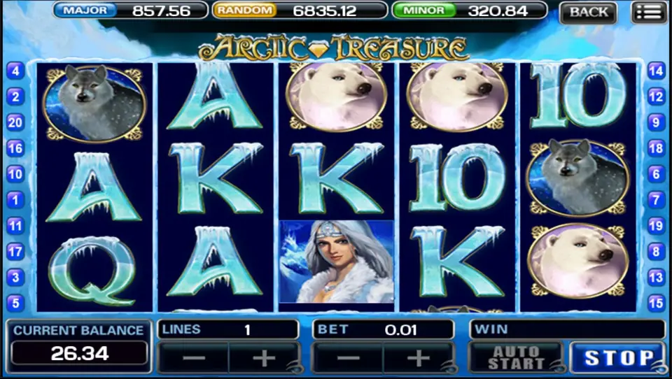 Arctic Treasure mid-spin with polar bears on reels 3, 4 and 5, wolves on reels 1 and 5, and the ice queen on reel 3, LINES 1 and BET 0.01