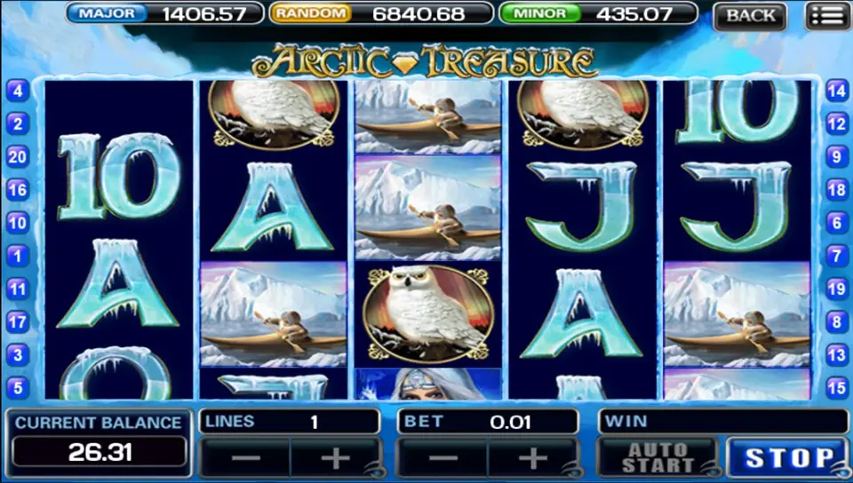 Arctic Treasure on one line at 0.01 with the kayaker symbol stacked on reels 3 and 5, snowy owls on reels 2 and 4 and the ice queen peeking in at the bottom of reel 3