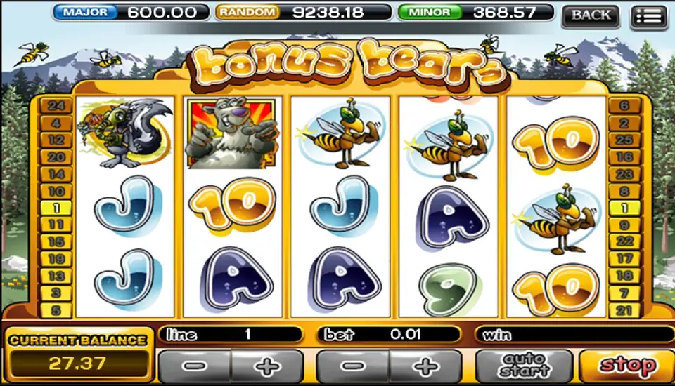 Bonus Bears on one line at 0.01: the skunk on reel 1, the grey bear in an orange-burst frame on reel 2, bees on reels 3, 4 and 5, BALANCE 27.37