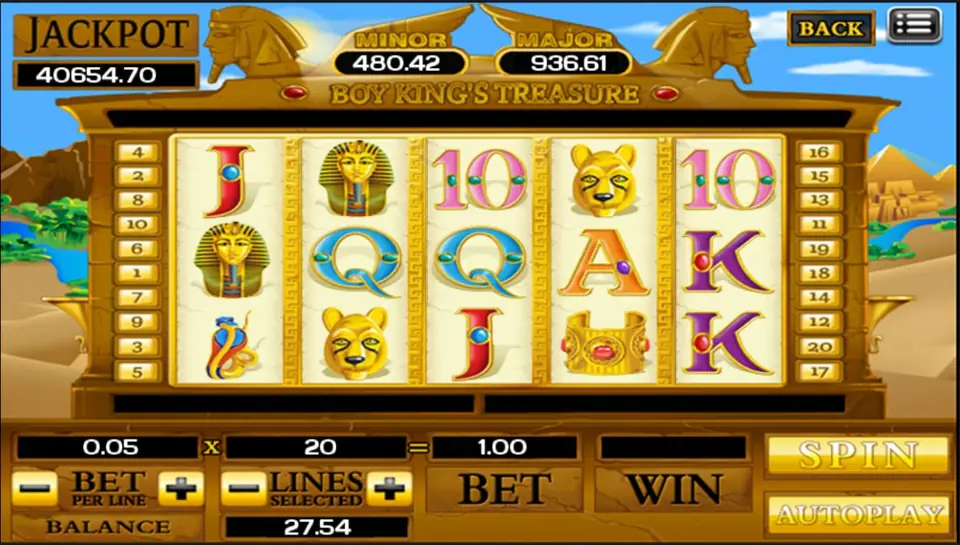Boy King's Treasure between two gold sphinx heads, with a pharaoh mask on reels 1 and 2, a gold lioness mask, a cobra and a jewelled armband on cream reels, 0.05 x 20 = 1.00, JACKPOT 40654.70