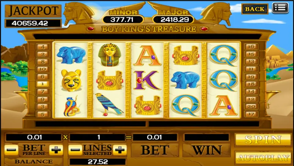 Boy King's Treasure on one line at 0.01: blue hippos on reels 1 and 4, gold armbands on reels 2 and 3, a pharaoh mask, lioness, cobra and hawk, JACKPOT 40659.42
