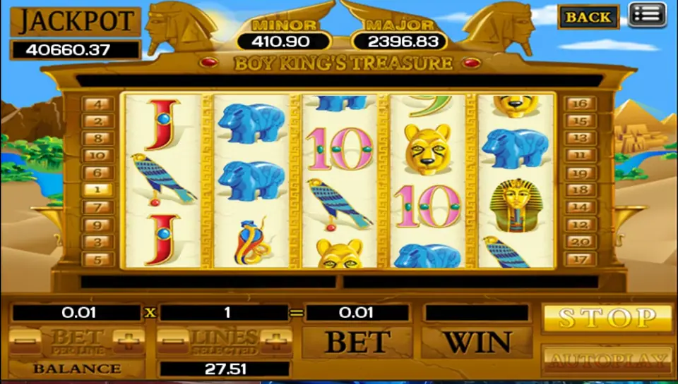 Boy King's Treasure mid-spin with two blue hippos on reel 2, another on reel 5, hawks on reels 1 and 3, a lioness on reel 4 and a pharaoh mask on reel 5, JACKPOT 40660.37