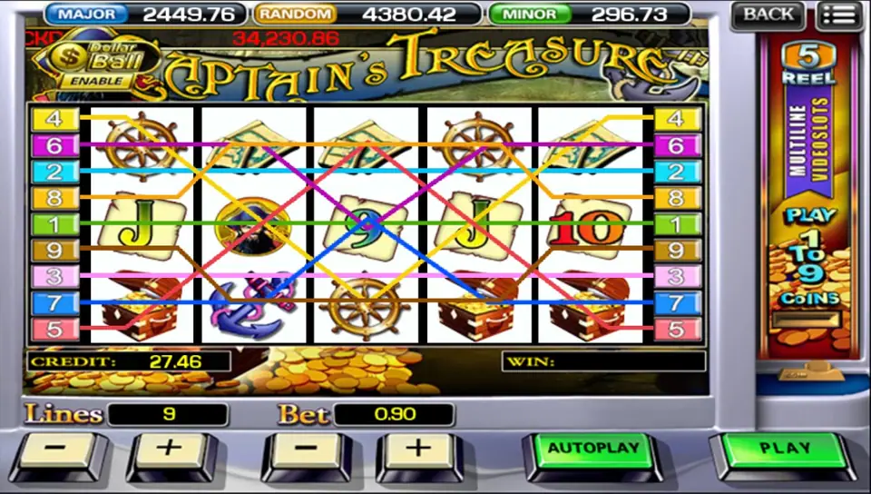 Captain's Treasure in a silver cabinet with all 9 paylines drawn over ship's wheels, maps, treasure chests, an anchor and the captain, Lines 9 and Bet 0.90, Dollar Ball ENABLE badge top left