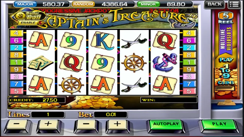 Captain's Treasure with crossed cutlasses on reel 4, ship's wheels on reels 2 and 4, an anchor on reel 5 and the PROGRESSIVE JACKPOT counter at 34,237.08