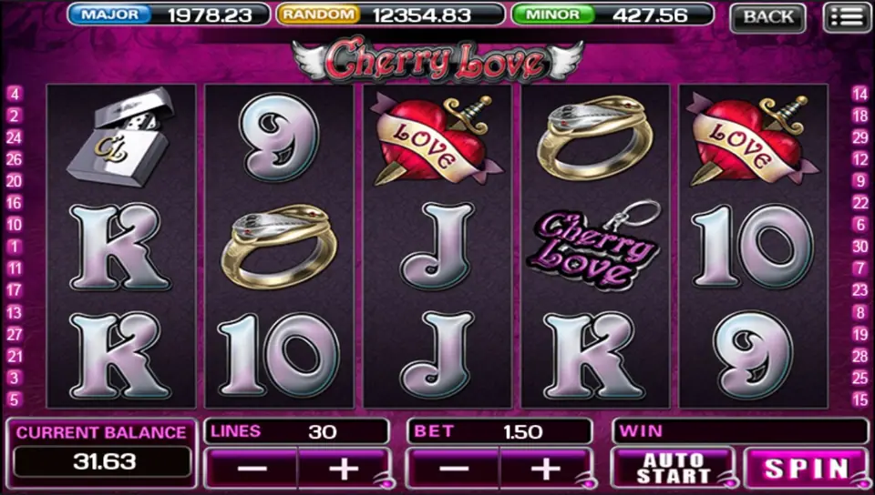 Cherry Love under a winged logo: a silver lighter, a gold snake ring on reels 2 and 4, dagger-through-heart LOVE banners on reels 3 and 5 and a Cherry Love keyring, LINES 30 and BET 1.50