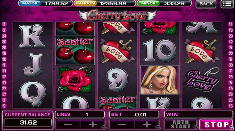 Cherry Love mid-spin with a cherry Scatter on reel 2 and another at the bottom of reel 3, LOVE hearts on reels 3 and 5 and the portrait tile on reel 4
