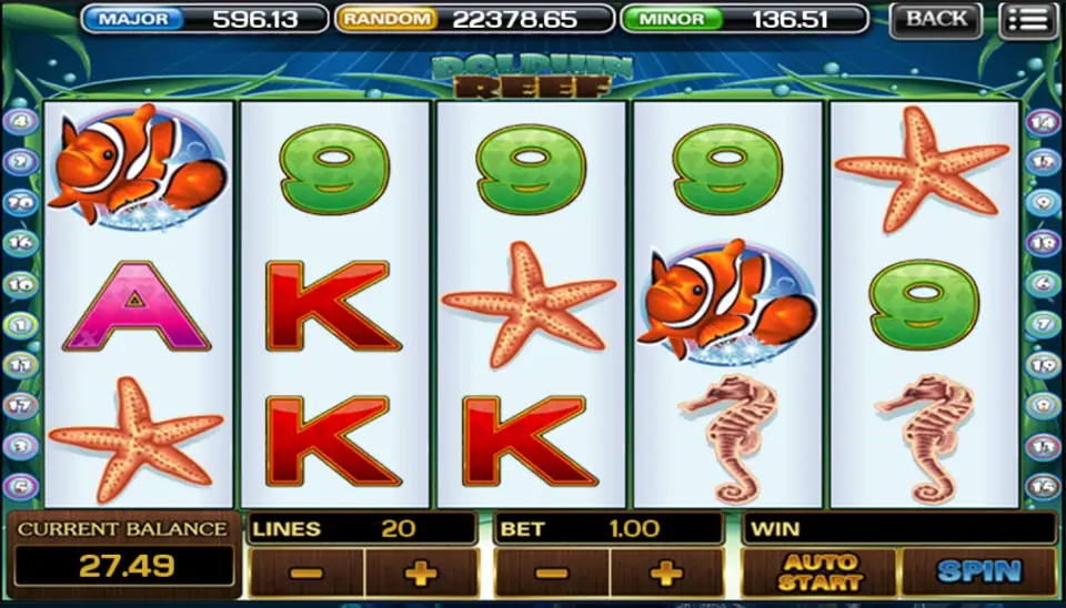 Dolphin Reef reels with clownfish on reels 1 and 4, starfish on reels 1, 3 and 5, seahorses, red Ks and green 9s, LINES 20 and BET 1.00, CURRENT BALANCE 27.49