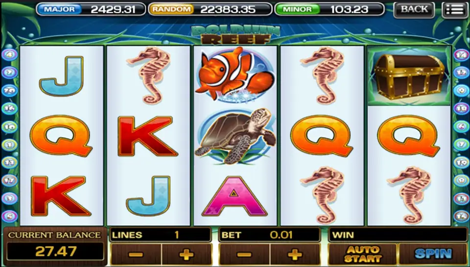 Dolphin Reef with a treasure chest on a green tile at the top of reel 5, seahorses on reels 2, 4 and 5, a clownfish and sea turtle on reel 3, CURRENT BALANCE 27.47