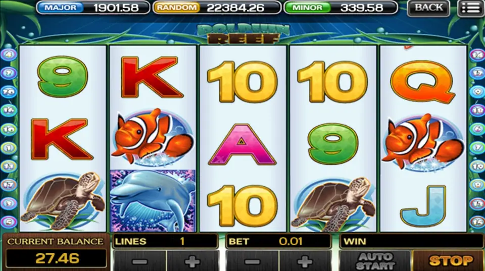 Dolphin Reef with the leaping dolphin on its purple tile on reel 2, clownfish on reels 2 and 5, sea turtles on reels 1 and 4 and gold 10s on reels 3 and 4, LINES 1 and BET 0.01