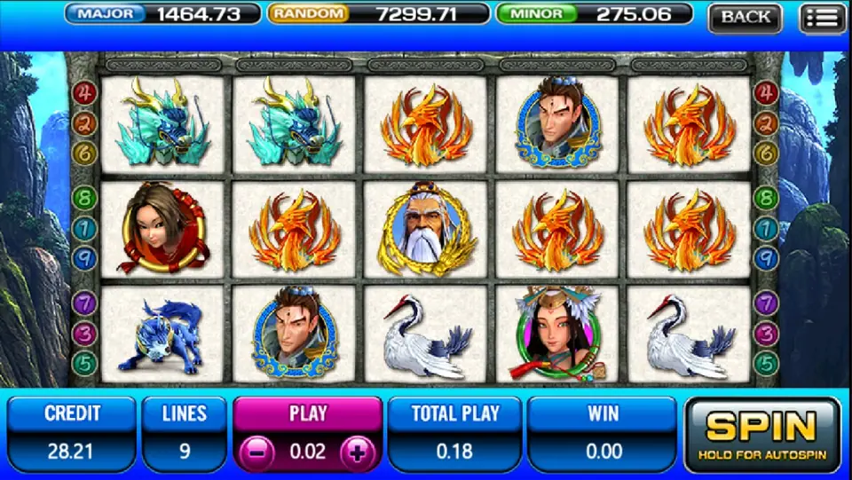 Fong Shen with the white-bearded sage in a gold ring in the middle of reel 3, phoenixes on reels 2, 3, 4 and 5, teal dragon beasts on reels 1 and 2 and cranes on the bottom row, PLAY 0.02 and TOTAL PLAY 0.18
