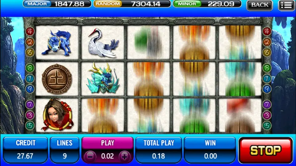 Fong Shen mid-spin with a bronze coin marked with the Chinese character for earth on reel 1, a blue beast, a crane, a dragon beast and the girl in red, and a red STOP button