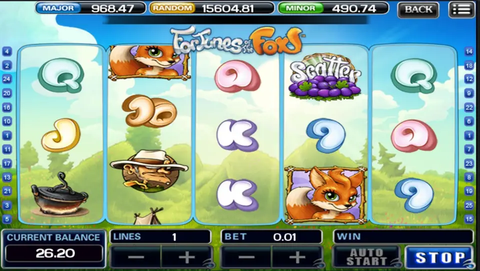 Fortunes of the Fox spinning with a framed fox on reels 2 and 4, the Scatter basket top of reel 4, the hunter and a cooking pot on the left, and a STOP button