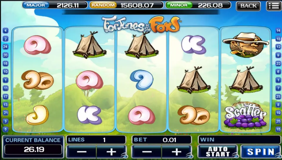 Fortunes of the Fox with tents on reels 2, 3, 4 and 5, the hunter in his safari hat top of reel 5, a Scatter berry basket below him, and pink, gold and violet card letters, LINES 1 and BET 0.01