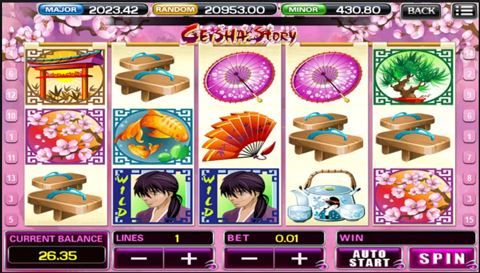 Geisha Story with samurai WILD tiles side by side on reels 2 and 3, parasols on reels 3 and 4, geta sandals on reels 2, 4 and 5, a koi, a fan and a torii gate
