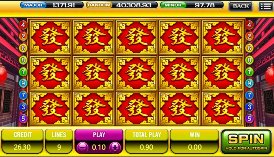 God of Wealth before the first spin: all fifteen positions filled with red tiles bearing a gold Fa character, CREDIT 26.30, LINES 9, PLAY 0.10 and TOTAL PLAY 0.90